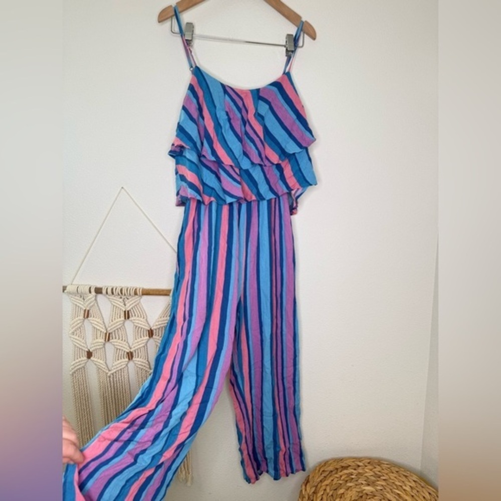 Lulu's Romper Jumpsuit Gretchen Blue Multi Striped Ruffled Culotte Wide leg